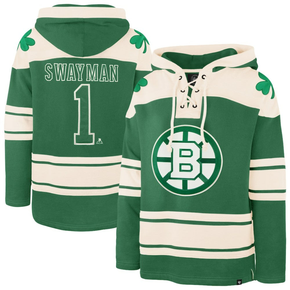 Jeremy Swayman Boston Bruins '47 St. Patrick's Day Player Name & Number Lacer Pullover Hoodie - Kelly Green - NHL