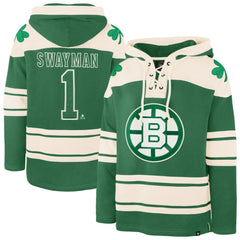 Jeremy Swayman Boston Bruins '47 St. Patrick's Day Player Name & Number Lacer Pullover Hoodie - Kelly Green - NHL