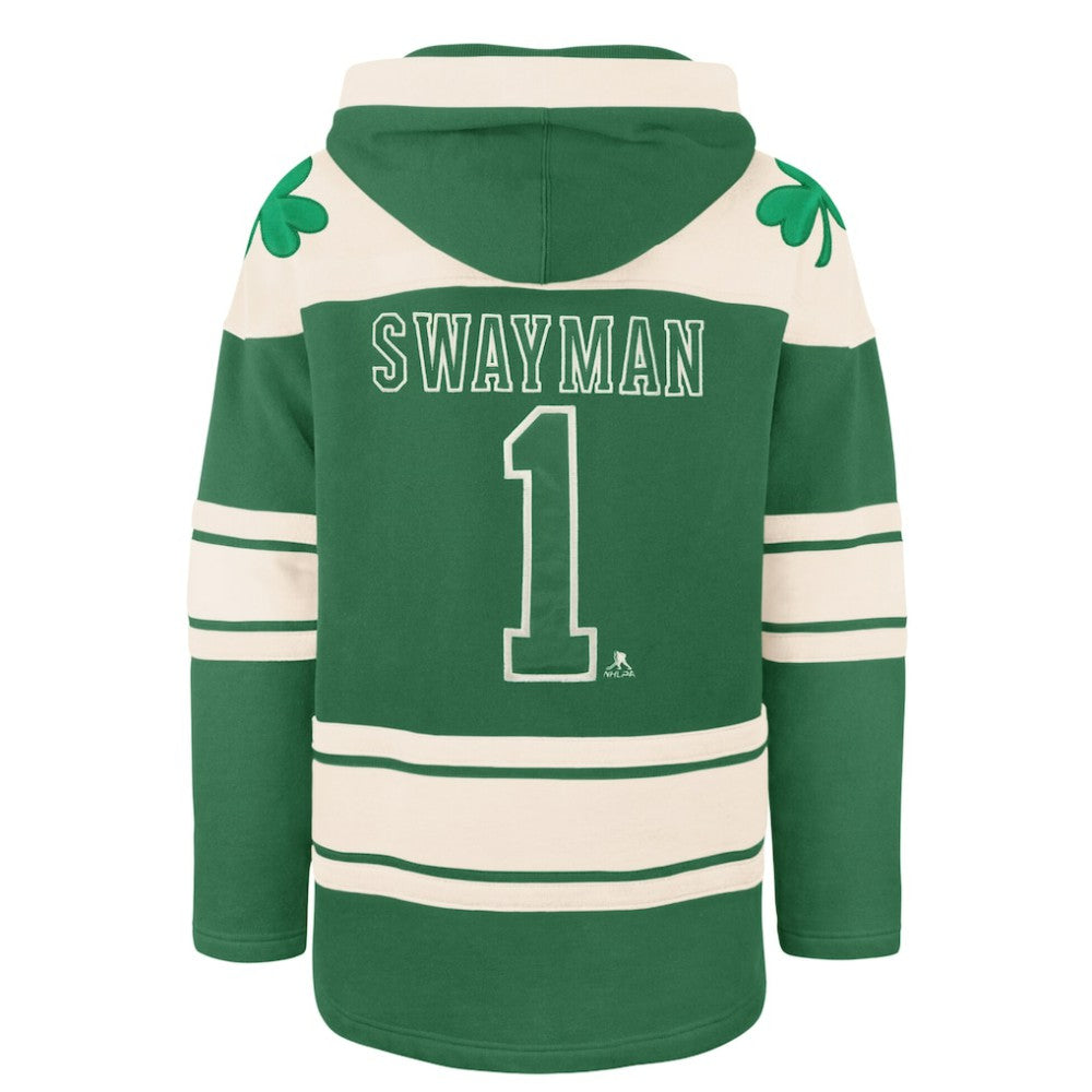 Jeremy Swayman Boston Bruins '47 St. Patrick's Day Player Name & Number Lacer Pullover Hoodie - Kelly Green - NHL