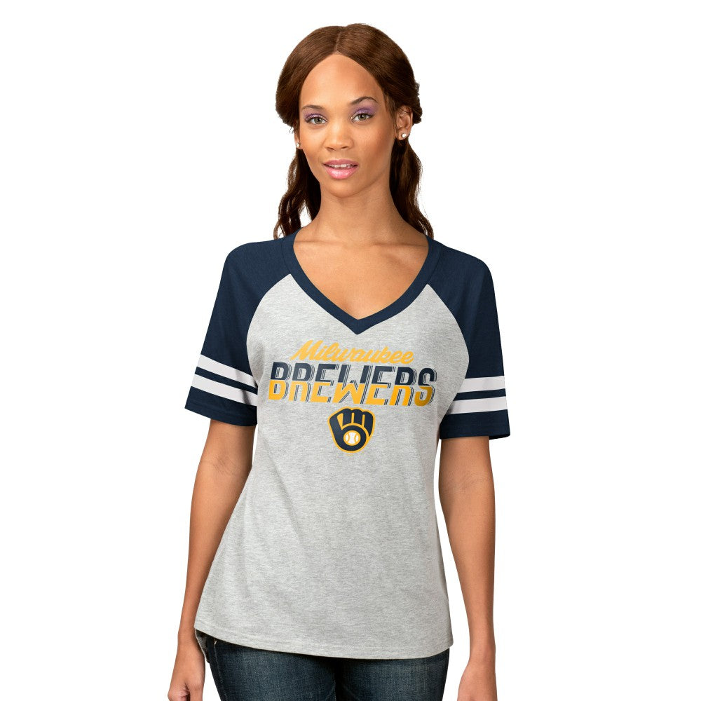 Milwaukee Brewers G-III 4Her by Carl Banks Women's Goal Line Raglan V-Neck T-Shirt - MLB
