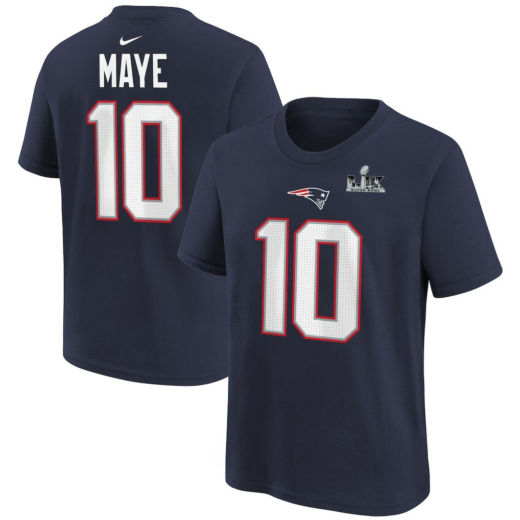 Drake Maye New England Patriots Youth Super Bowl LX Patch Name & Number T-Shirt Navy | Nike for Sale