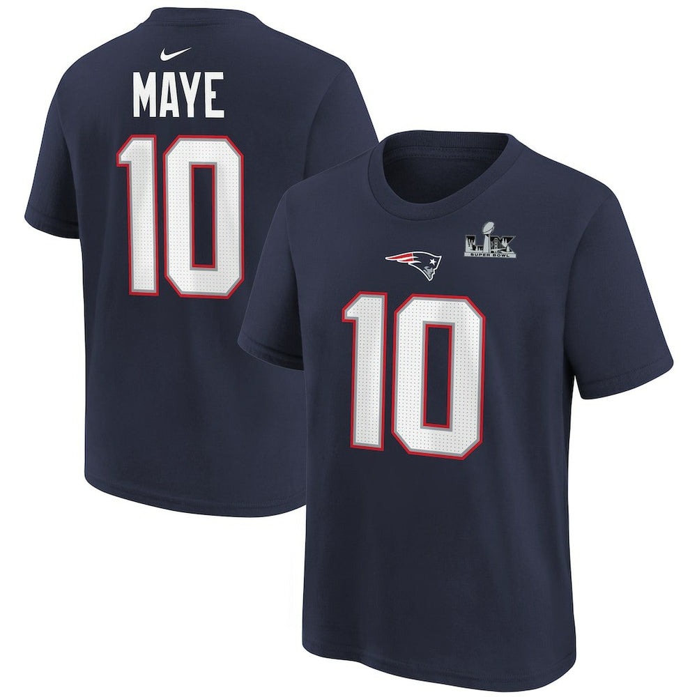 Drake Maye New England Patriots Youth Super Bowl LX Patch Name & Number T-Shirt Navy | Nike for Sale