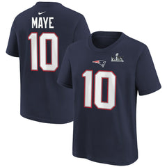 Drake Maye New England Patriots Youth Super Bowl LX Patch Name & Number T-Shirt Navy | Nike for Sale