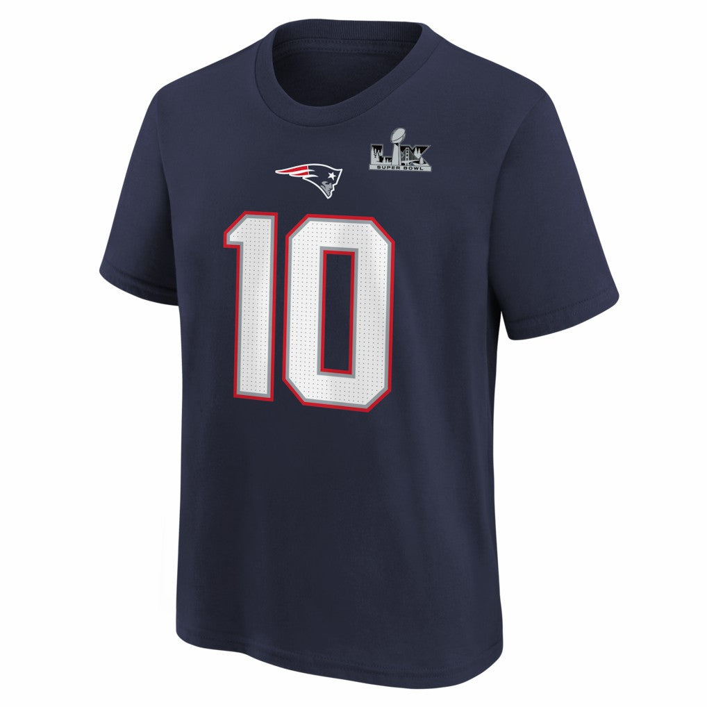 Drake Maye New England Patriots Youth Super Bowl LX Patch Name & Number T-Shirt Navy | Nike for Sale