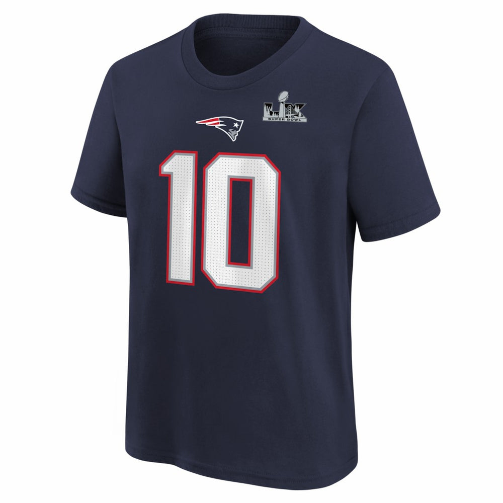 Drake Maye New England Patriots Youth Super Bowl LX Patch Name & Number T-Shirt Navy | Nike for Sale