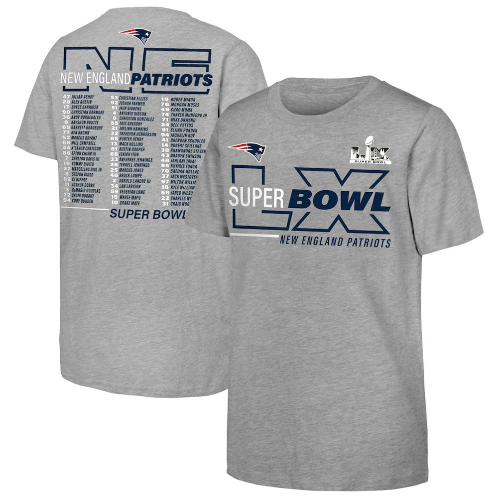 New England Patriots Youth Super Bowl LX Roster T-Shirt Heather Gray | Fanatics