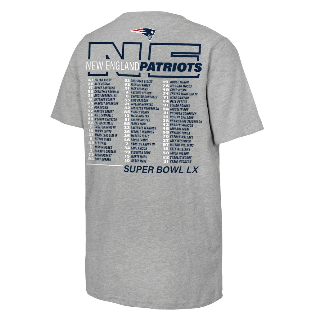 New England Patriots Youth Super Bowl LX Roster T-Shirt Heather Gray | Fanatics