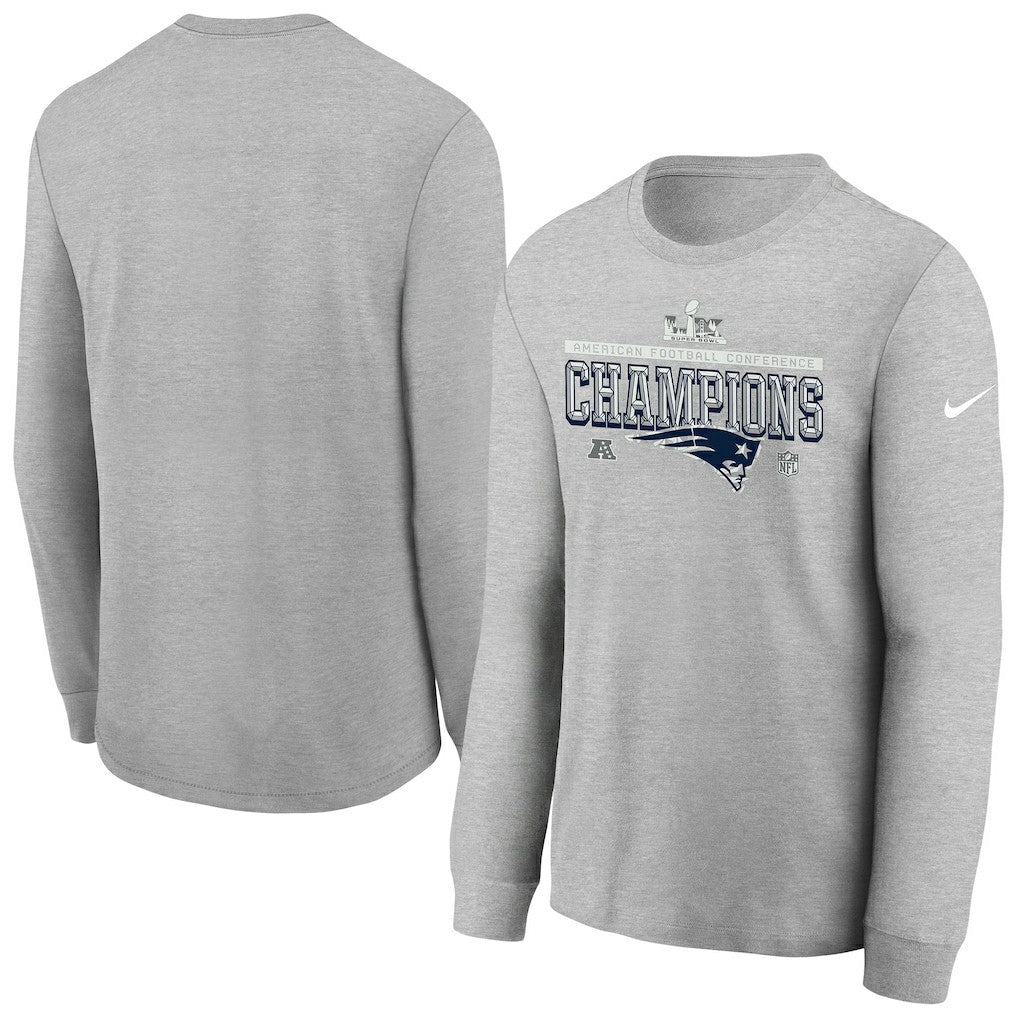 New England Patriots Youth 2025 AFC Champions Locker Room Trophy Collection Long Sleeve T-Shirt Gray | Nike for Sale