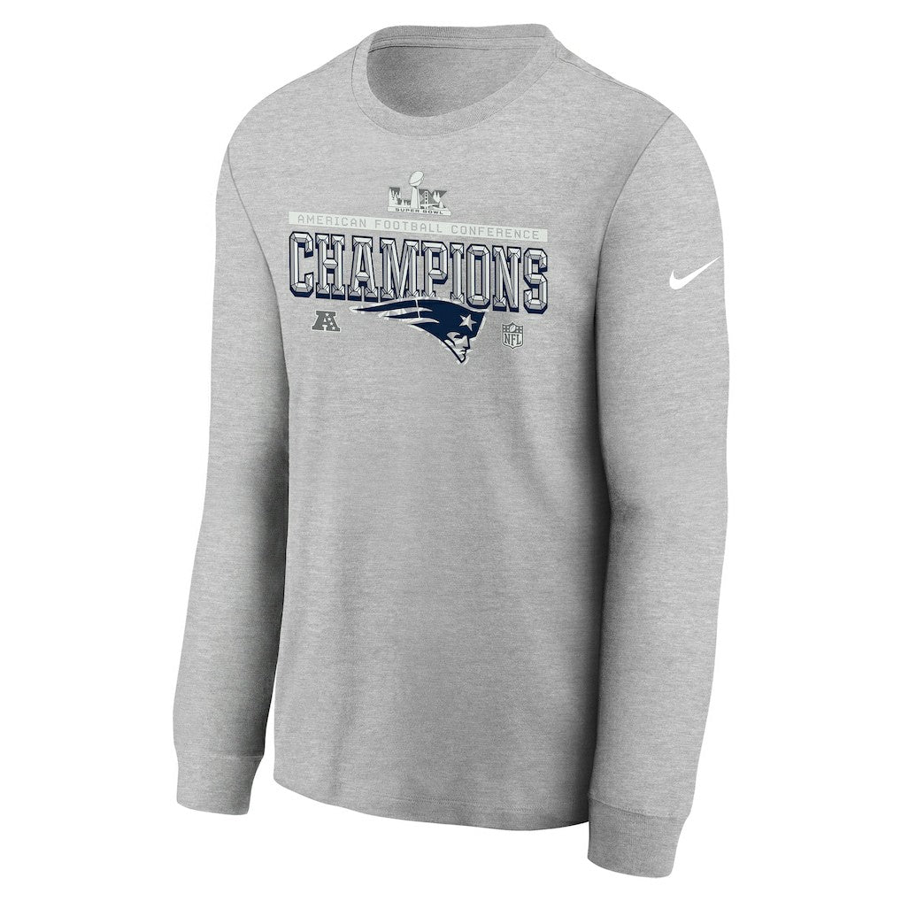 New England Patriots Youth 2025 AFC Champions Locker Room Trophy Collection Long Sleeve T-Shirt Gray | Nike for Sale