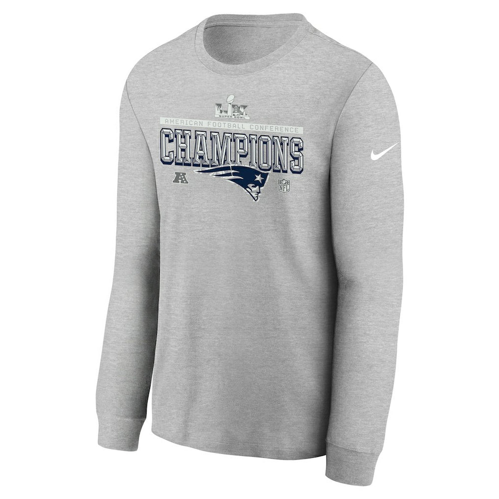 New England Patriots Youth 2025 AFC Champions Locker Room Trophy Collection Long Sleeve T-Shirt Gray | Nike for Sale