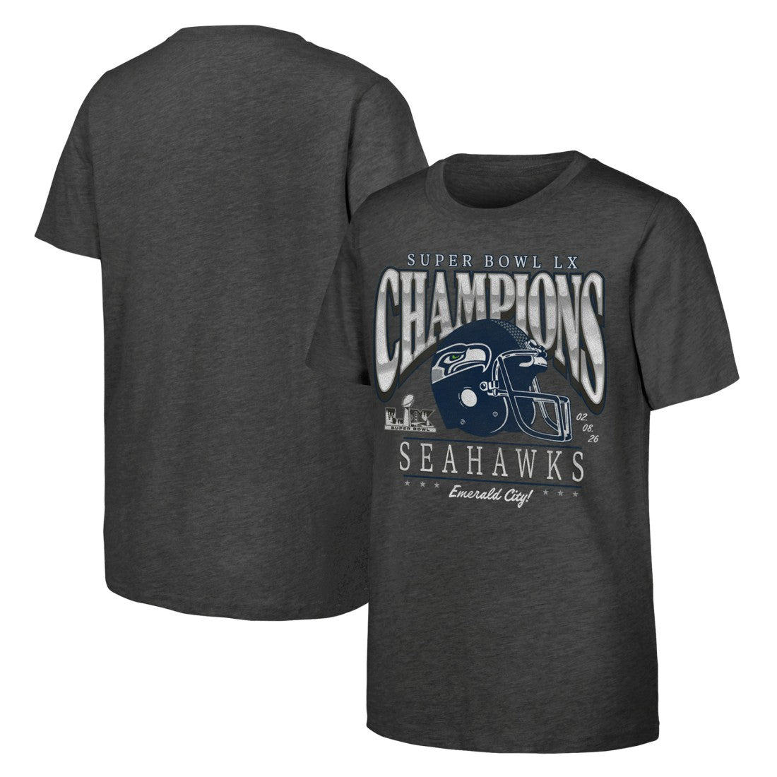 Seattle Seahawks Youth Super Bowl LX Champions Prestigious Run Helmet T-Shirt Charcoal | Fanatics