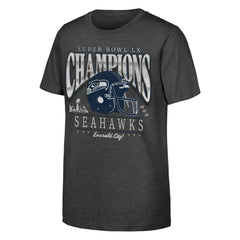 Seattle Seahawks Youth Super Bowl LX Champions Prestigious Run Helmet T-Shirt Charcoal | Fanatics