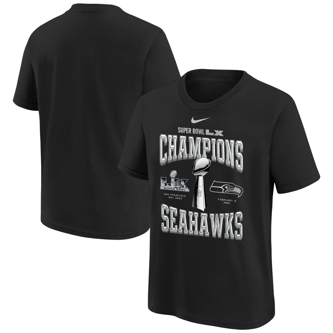 Seattle Seahawks Youth Super Bowl LX Champions Locker Room Trophy Collection Replica T-Shirt Black | Nike for Sale