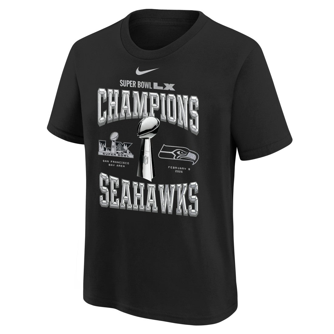 Seattle Seahawks Youth Super Bowl LX Champions Locker Room Trophy Collection Replica T-Shirt Black | Nike for Sale