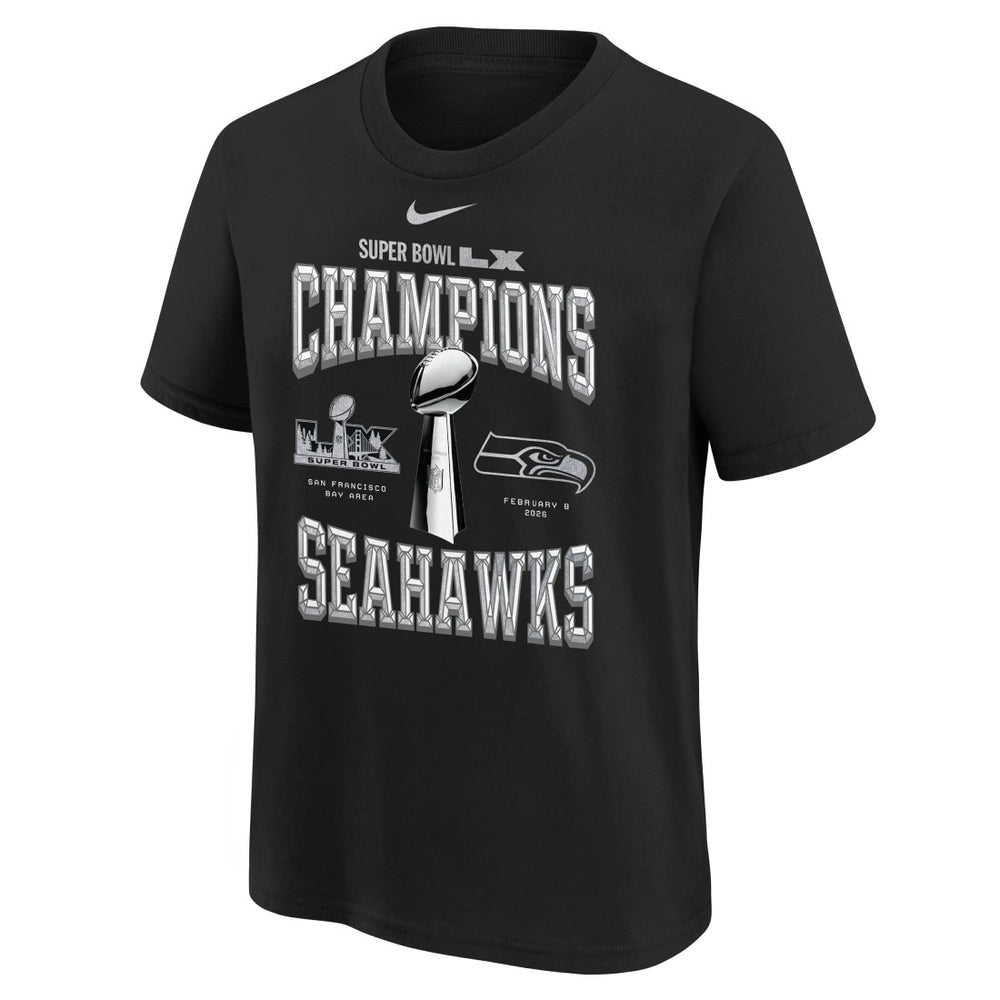 Seattle Seahawks Youth Super Bowl LX Champions Locker Room Trophy Collection Replica T-Shirt Black | Nike for Sale