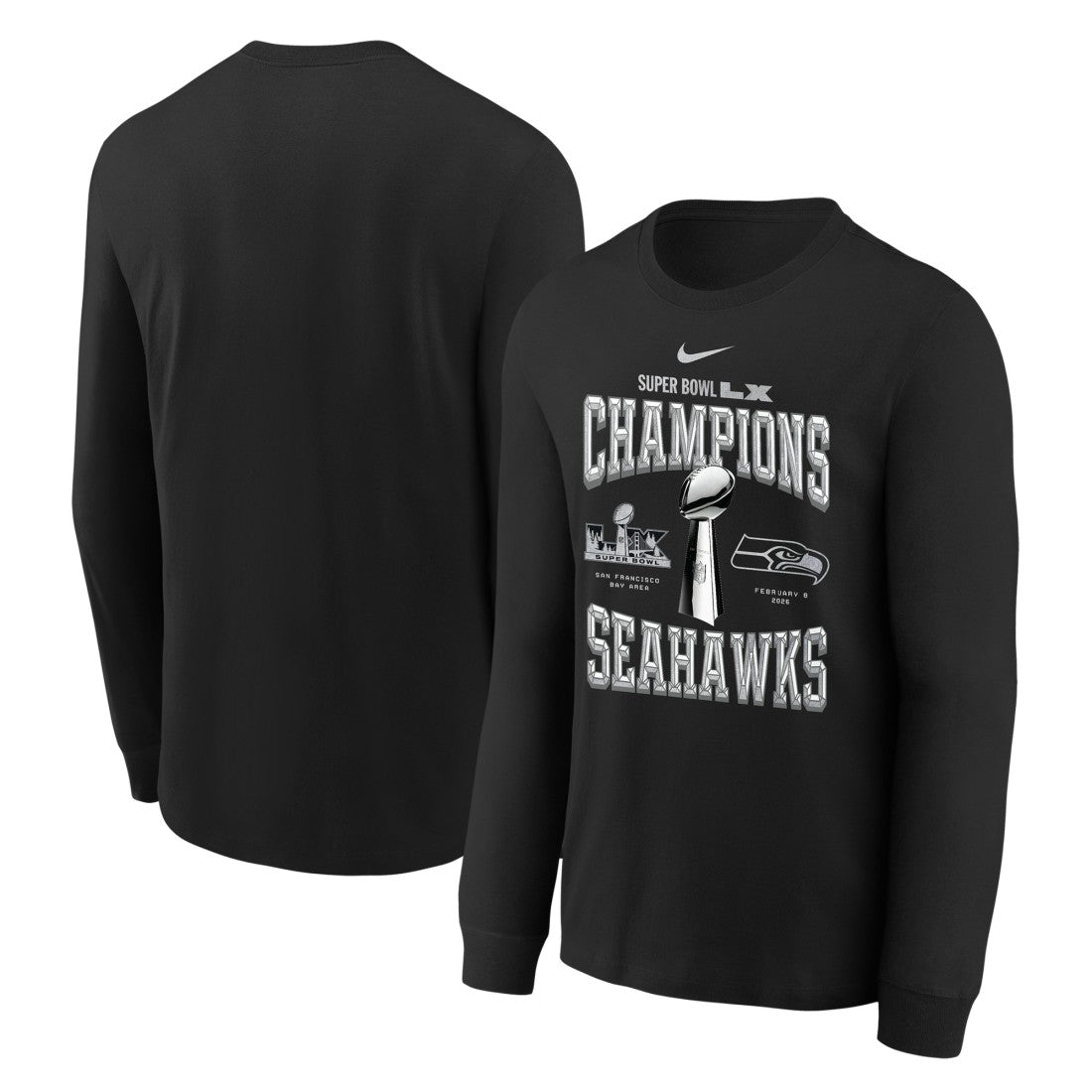 Seattle Seahawks Youth Super Bowl LX Champions Locker Room Trophy Collection Long Sleeve T-Shirt Black | Nike for Sale