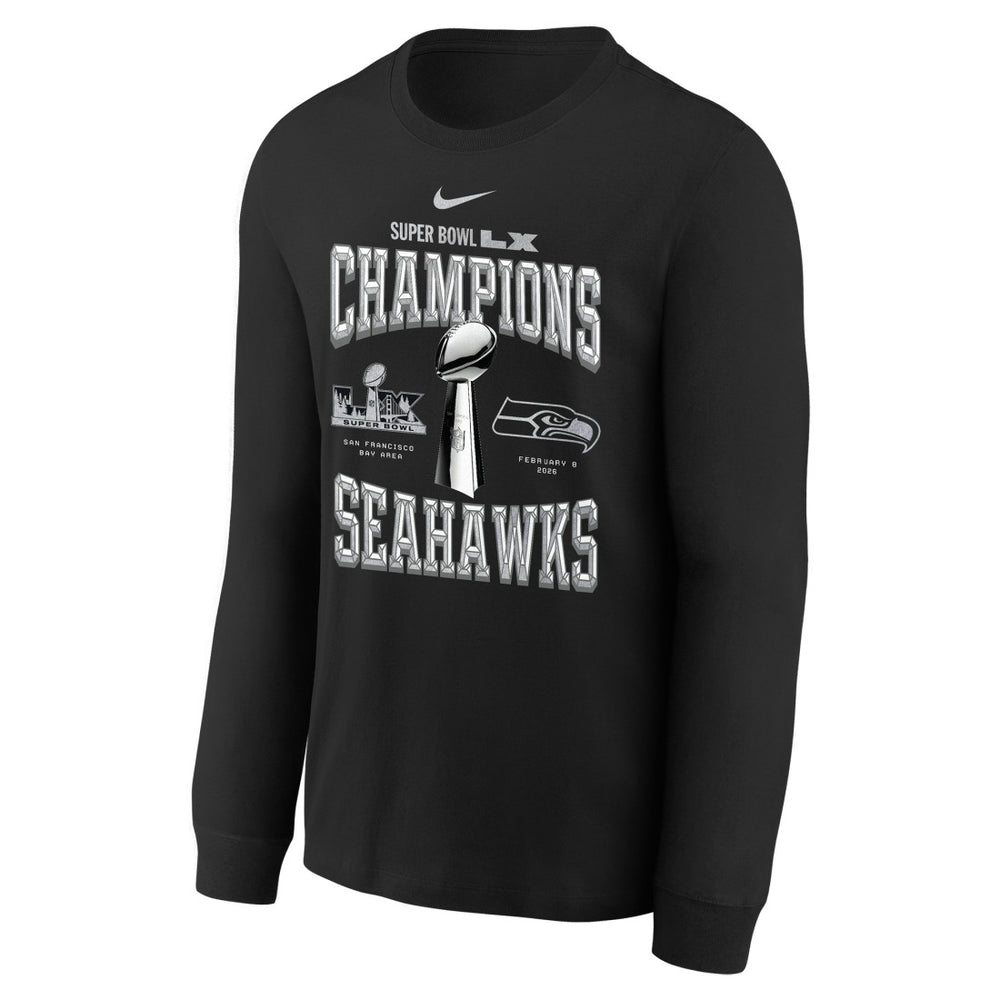 Seattle Seahawks Youth Super Bowl LX Champions Locker Room Trophy Collection Long Sleeve T-Shirt Black | Nike for Sale