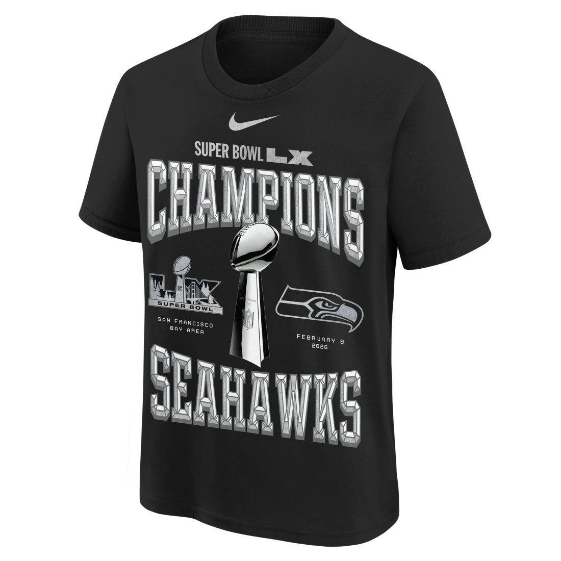 Seattle Seahawks Youth Super Bowl LX Champions Locker Room Trophy Collection Authentic T-Shirt Black | Nike for Sale