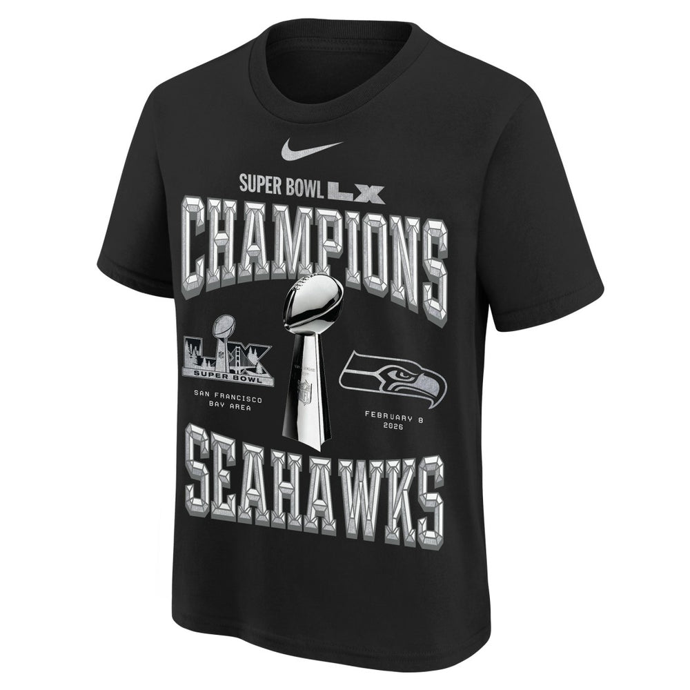 Seattle Seahawks Youth Super Bowl LX Champions Locker Room Trophy Collection Authentic T-Shirt Black | Nike for Sale