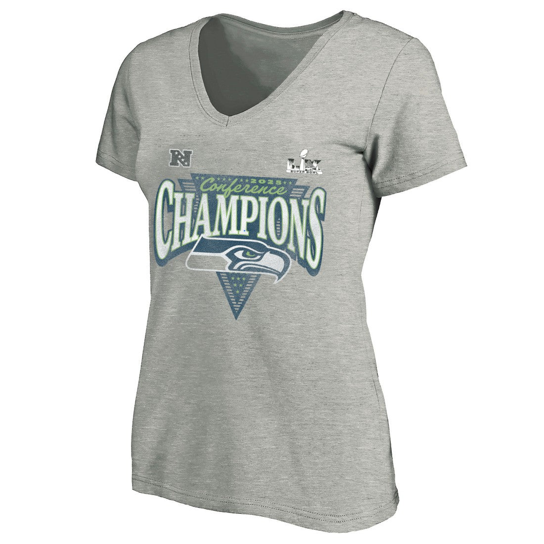 Seattle Seahawks Women's 2025 NFC Champions Plus Size Hail Mary Tri-Blend V-Neck T-Shirt Heather Gray | Fanatics