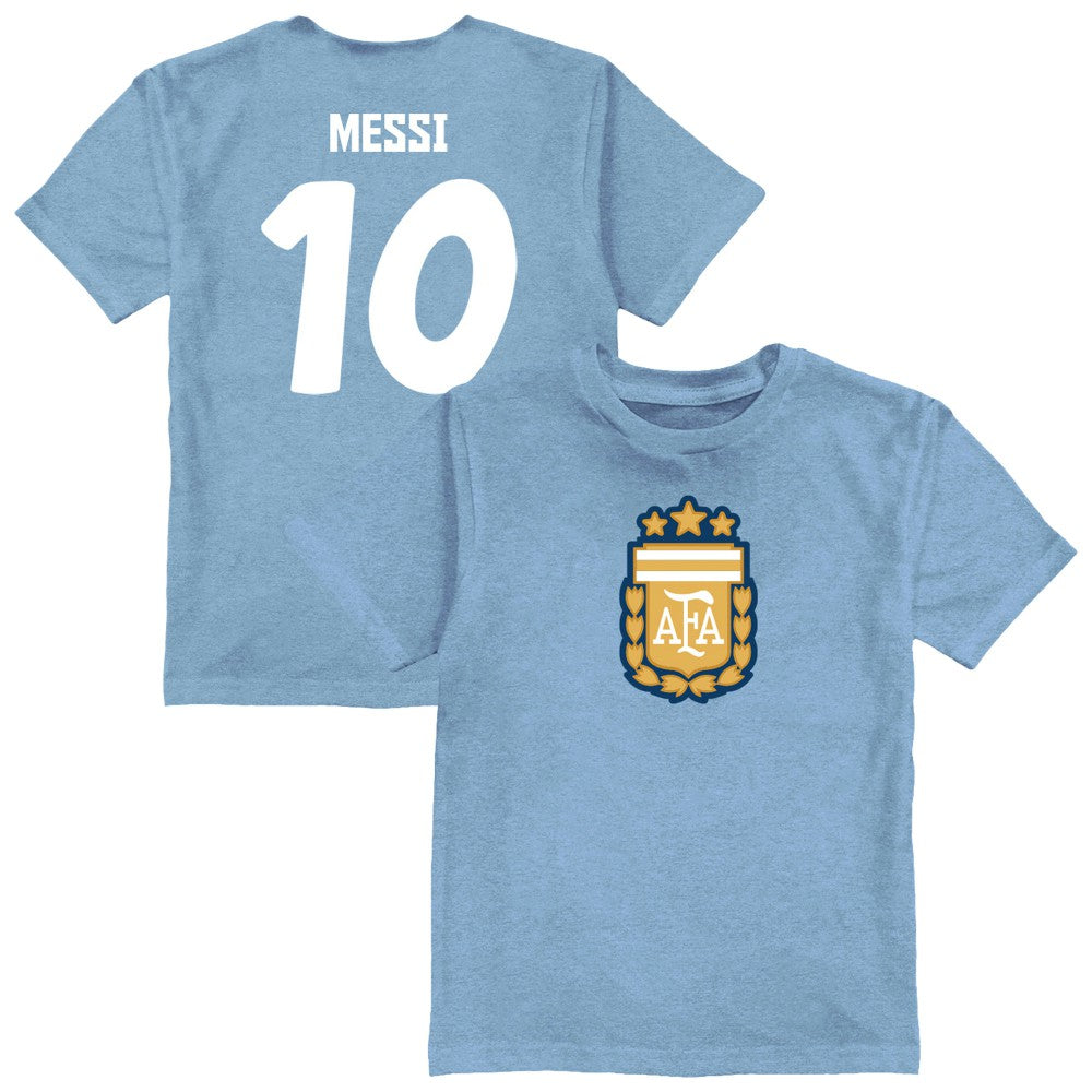 Lionel Messi Argentina National Team Vive La Fete Youth Player Name & Number Color Badge T-Shirt Light Blue - FIFA World CUP