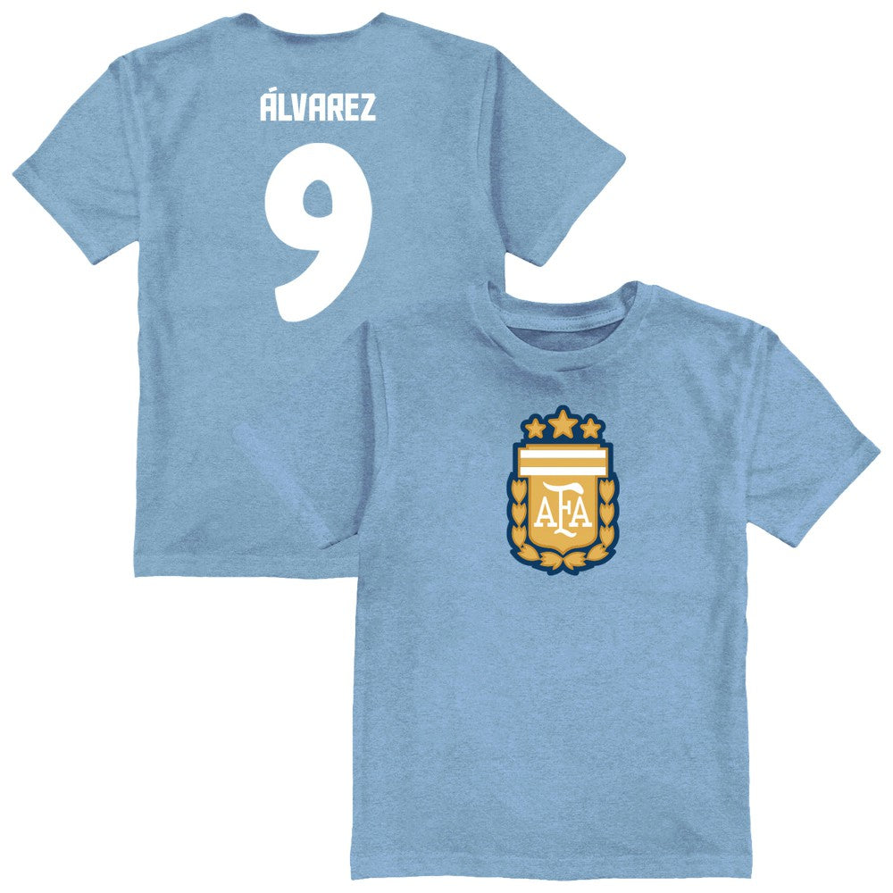 Julián Álvarez Argentina National Team Vive La Fete Youth Player Name & Number Color Badge T-Shirt Light Blue - FIFA World CUP
