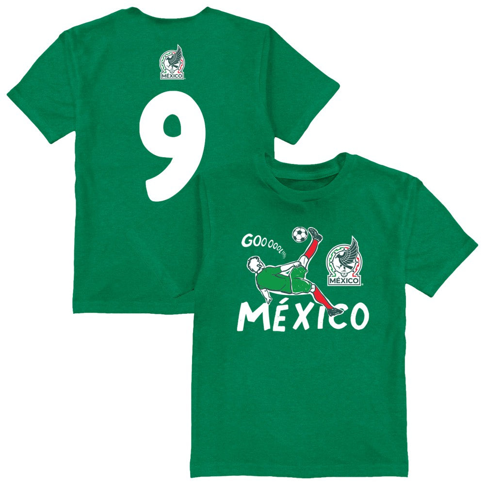 Raúl Jiménez Mexico National Team Vive La Fete Youth Player Name & Number Chilena Style T-Shirt Green - FIFA World CUP
