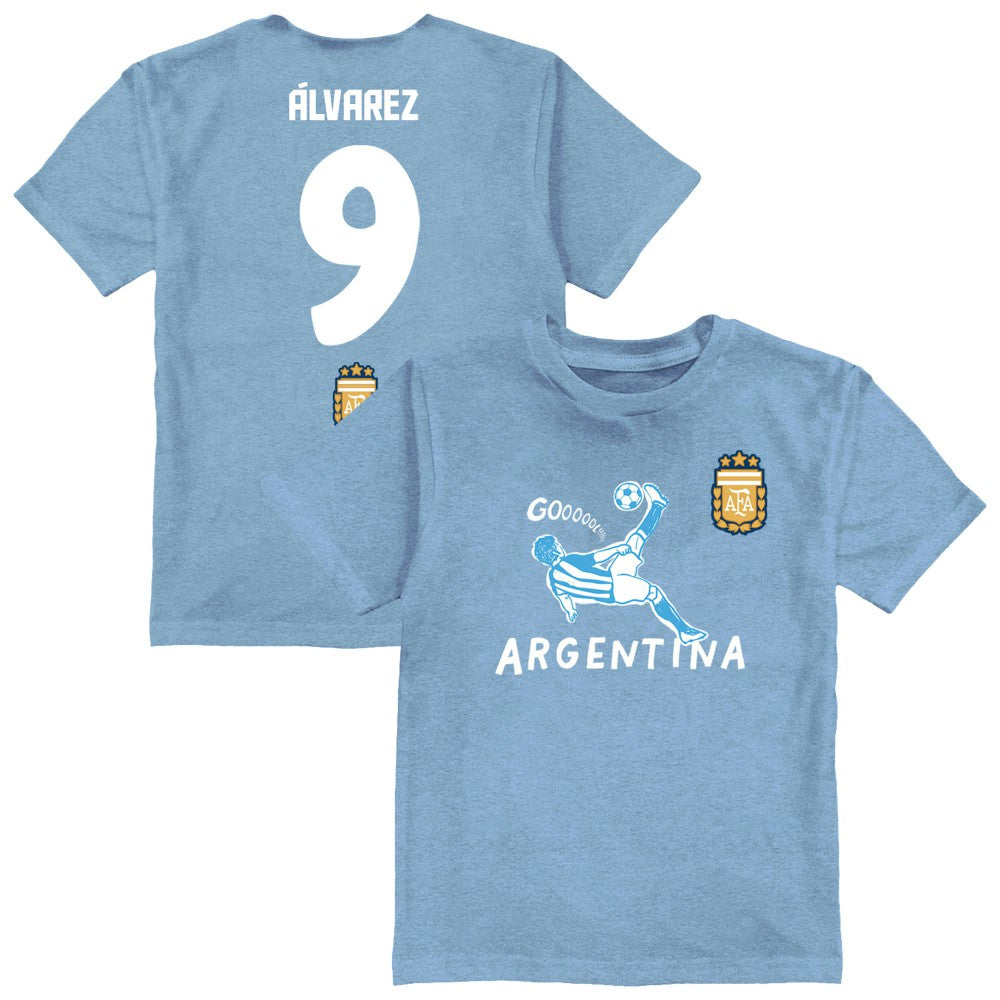Julián Álvarez Argentina National Team Vive La Fete Youth Player Name & Number Chilena Style T-Shirt Light Blue - FIFA World CUP