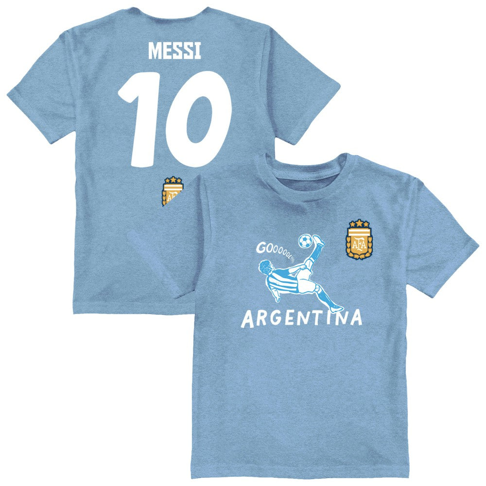 Lionel Messi Argentina National Team Vive La Fete Youth Player Name & Number Chilena Style T-Shirt Light Blue - FIFA World CUP
