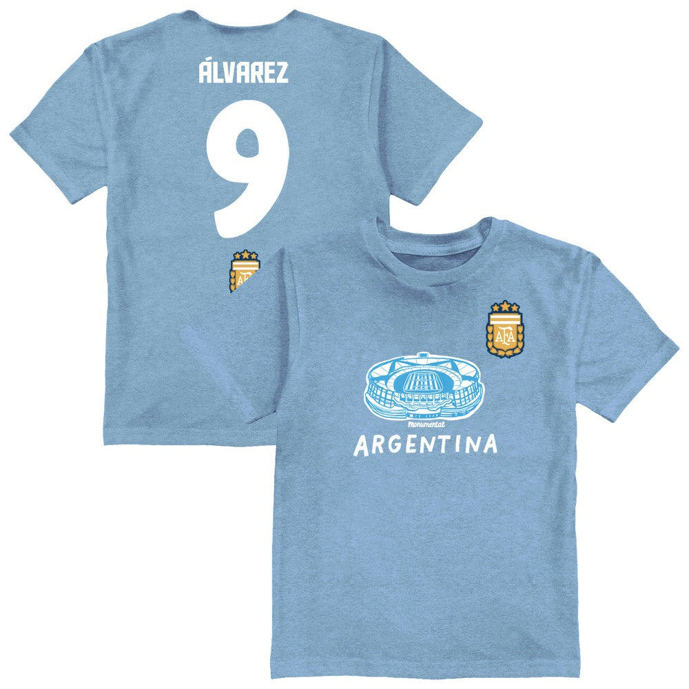 Julián Álvarez Argentina National Team Vive La Fete Youth Player Name & Number Stadium Style T-Shirt Light Blue - FIFA World CUP