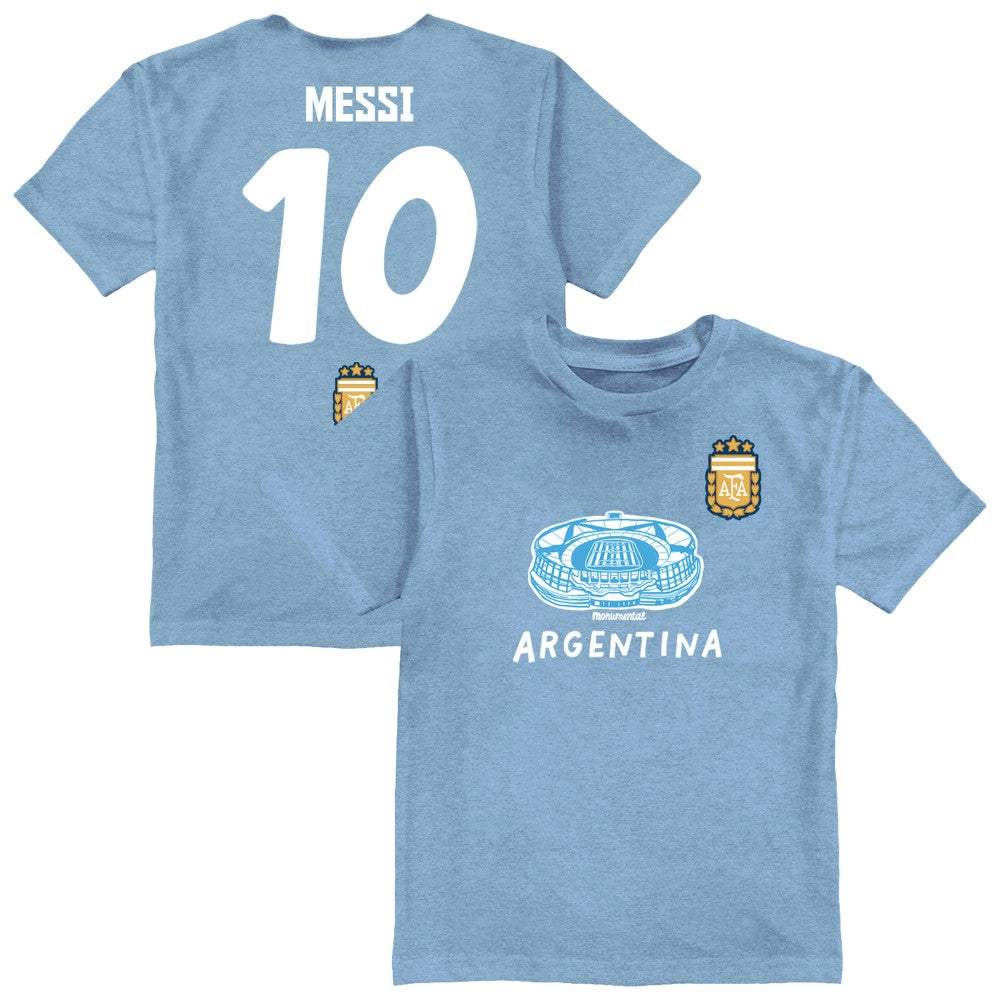 Lionel Messi Argentina National Team Vive La Fete Youth Player Name & Number Stadium Style T-Shirt Light Blue - FIFA World CUP