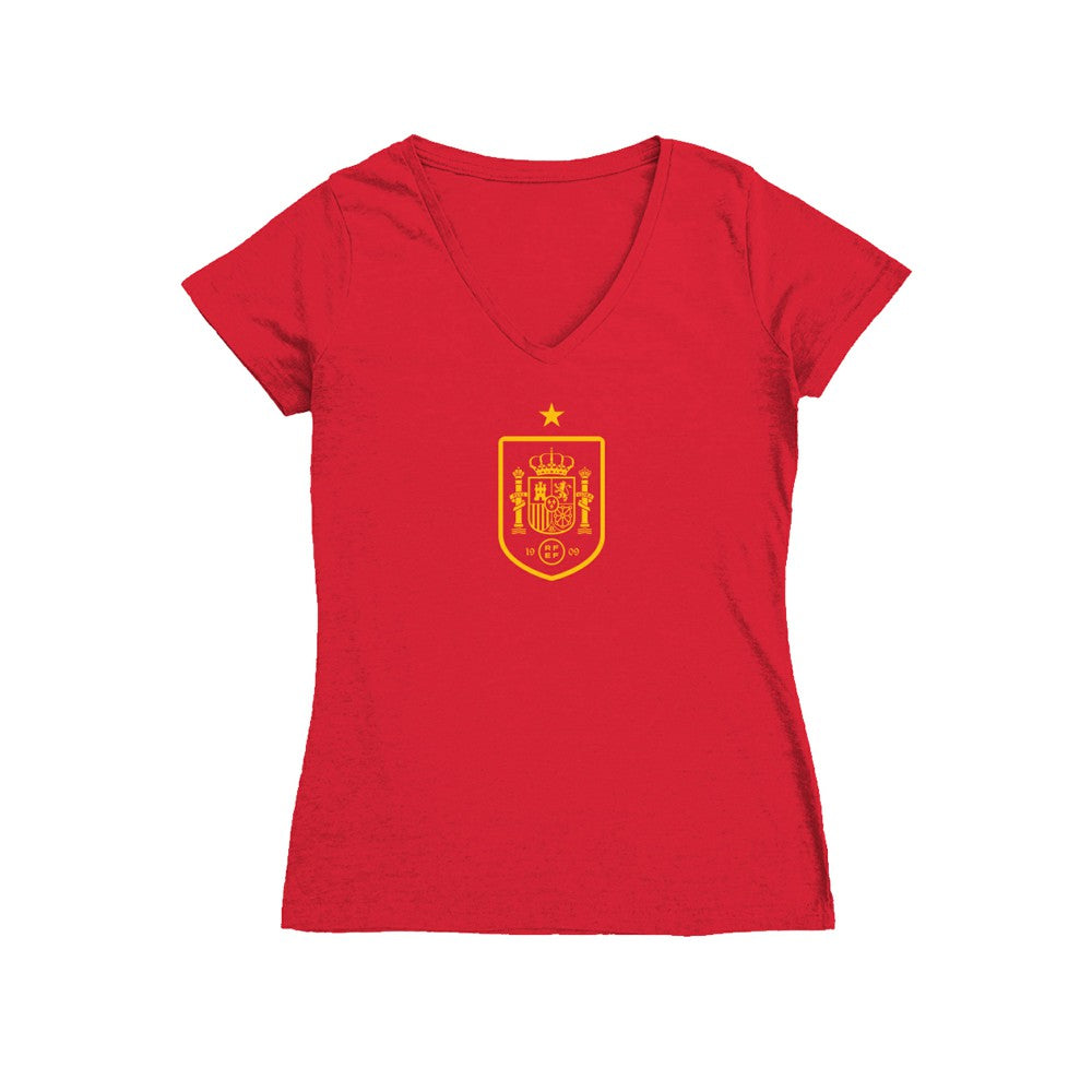 Spain National Team Vive La Fete Women's Color Badge V-Neck Fitted T-Shirt Red - FIFA World CUP