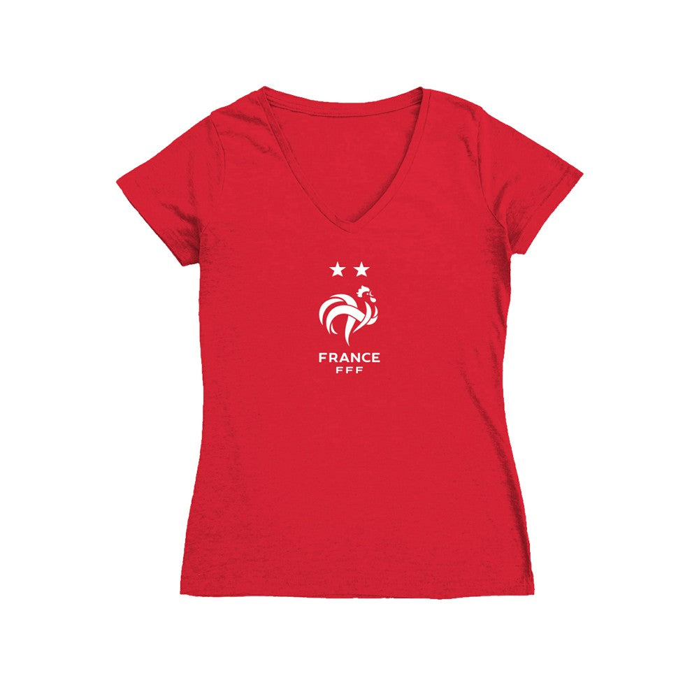 France National Team Vive La Fete Women's Color Badge V-Neck Fitted T-Shirt Red - FIFA World CUP