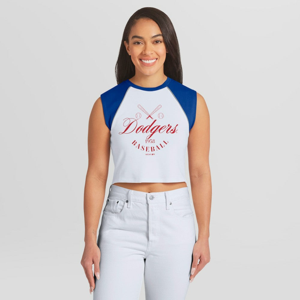 Los Angeles Dodgers WEAR by Erin Andrews Women's Cooperstown Cropped Raglan Tank Top - MLB