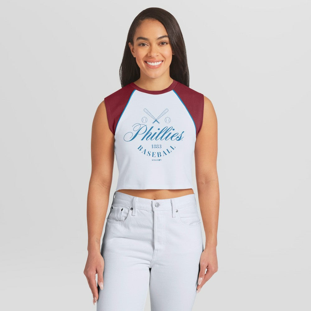 Philadelphia Phillies WEAR by Erin Andrews Women's Cooperstown Cropped Raglan Tank Top - MLB