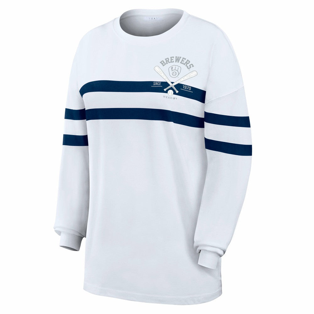 Milwaukee Brewers WEAR by Erin Andrews Women's Oversized Long Sleeve Striped T-Shirt - MLB