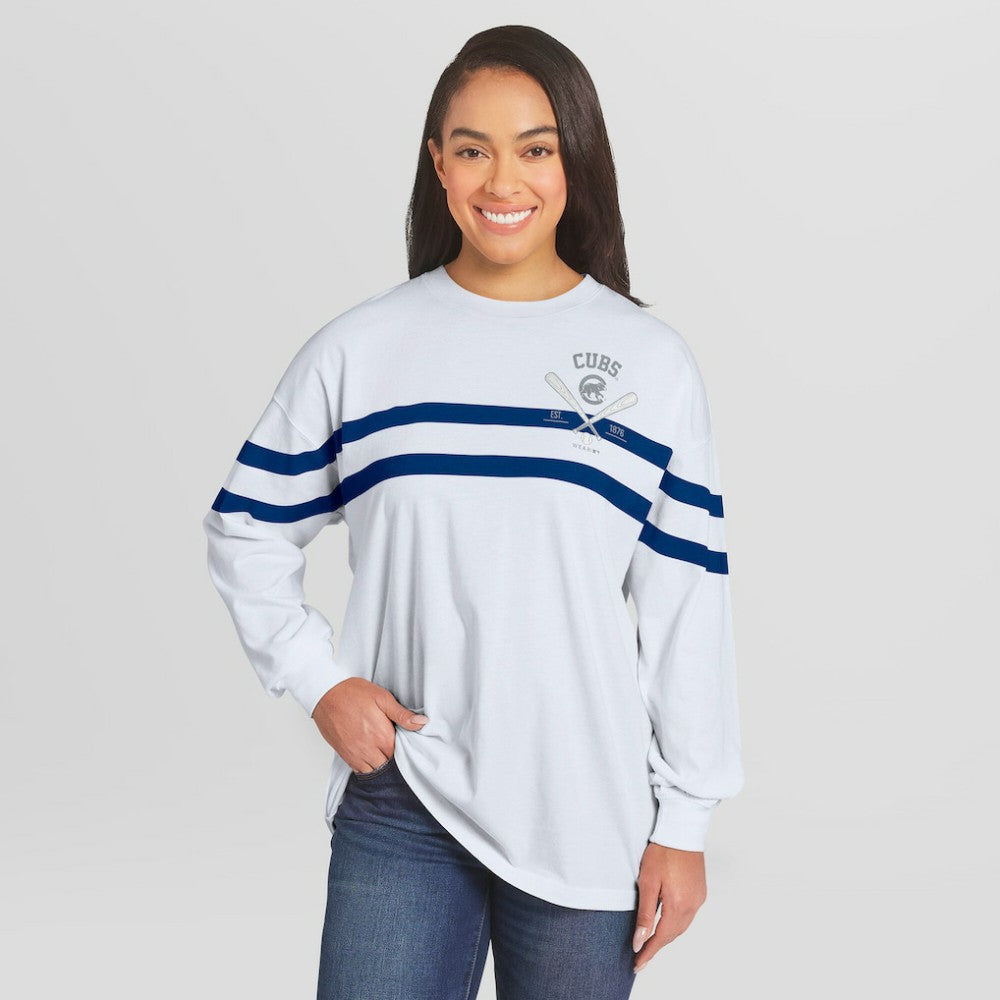 Chicago Cubs WEAR by Erin Andrews Women's Oversized Long Sleeve Striped T-Shirt - MLB