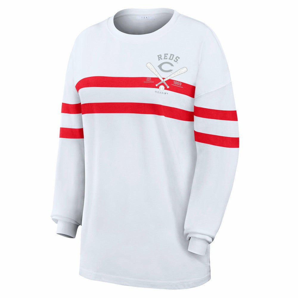 Cincinnati Reds WEAR by Erin Andrews Women's Oversized Long Sleeve Striped T-Shirt - MLB