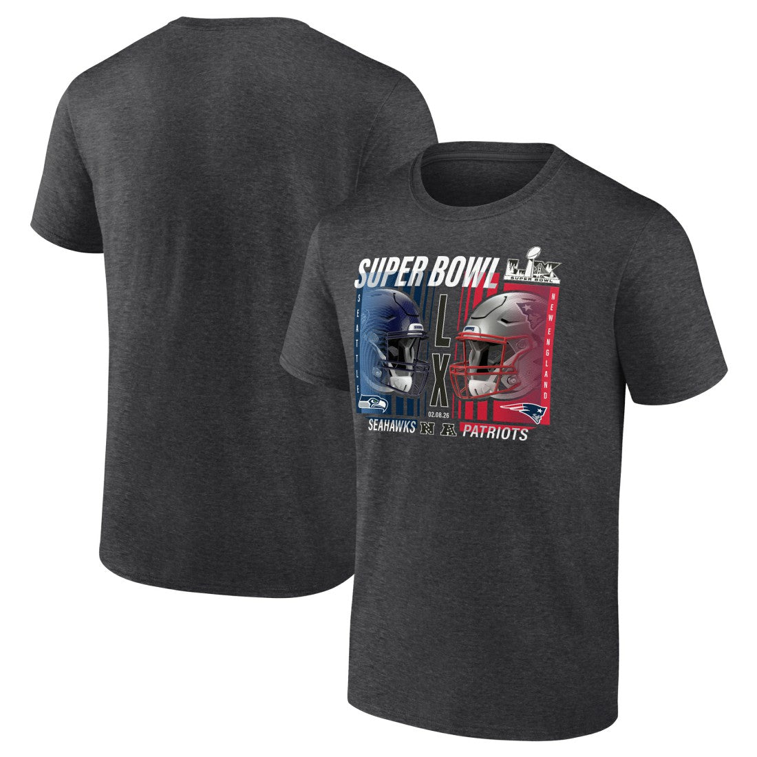 New England Patriots vs. Seattle Seahawks Super Bowl LX Big & Tall Final Battle Dueling T-Shirt Heather Charcoal | Fanatics