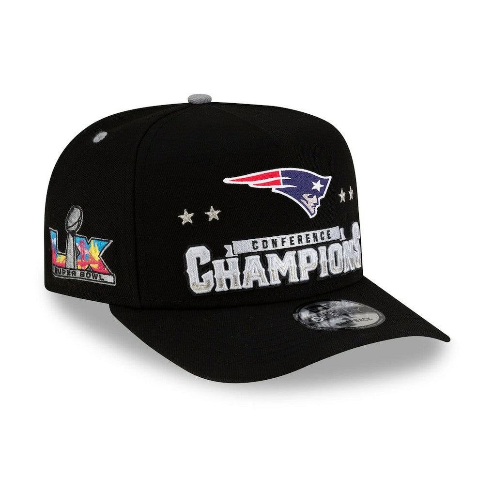 New England Patriots New Era 2025 AFC Champions Locker Room Trophy Collection A-Frame 9FIFTY Snapback Hat Black | NFL