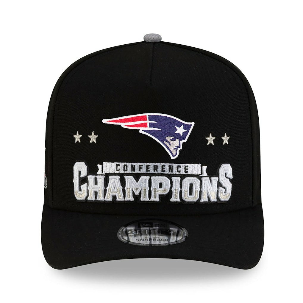 New England Patriots New Era 2025 AFC Champions Locker Room Trophy Collection A-Frame 9FIFTY Snapback Hat Black | NFL