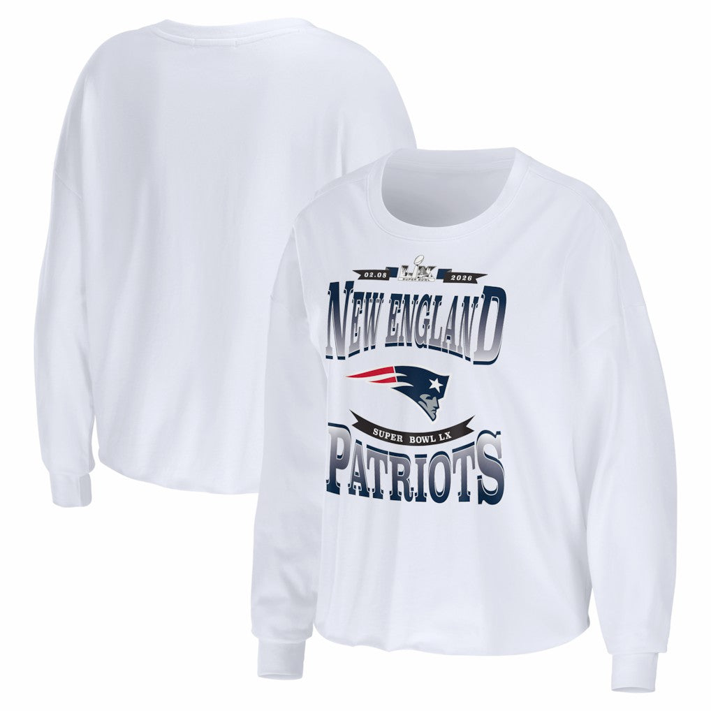 New England Patriots WEAR by Erin Andrews Women's Super Bowl LX Cropped Long Sleeve T-Shirt White | NFL