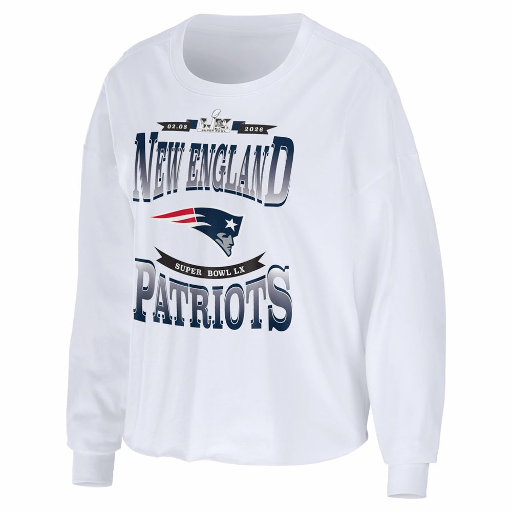 New England Patriots WEAR by Erin Andrews Women's Super Bowl LX Cropped Long Sleeve T-Shirt White | NFL