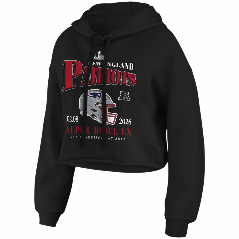 New England Patriots WEAR by Erin Andrews Women's Super Bowl LX Cropped Hoodie Black | NFL