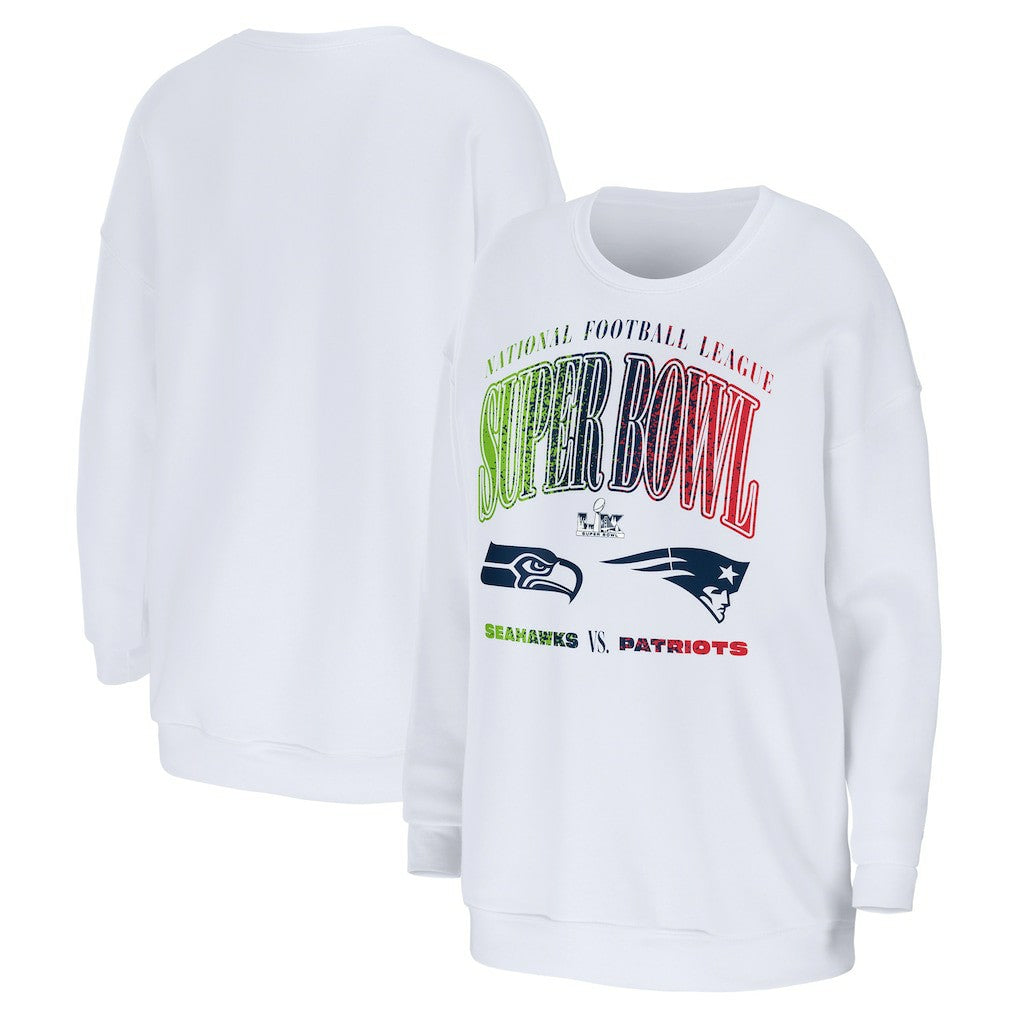 New England Patriots vs. Seattle Seahawks WEAR by Erin Andrews Women's Super Bowl LX Matchup Sweatshirt White | NFL