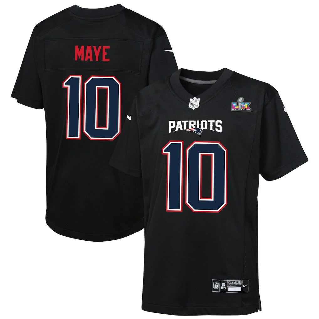 Drake Maye New England Patriots Youth Super Bowl LX Patch Carbon Fashion Game Jersey Black | Nike for Sale