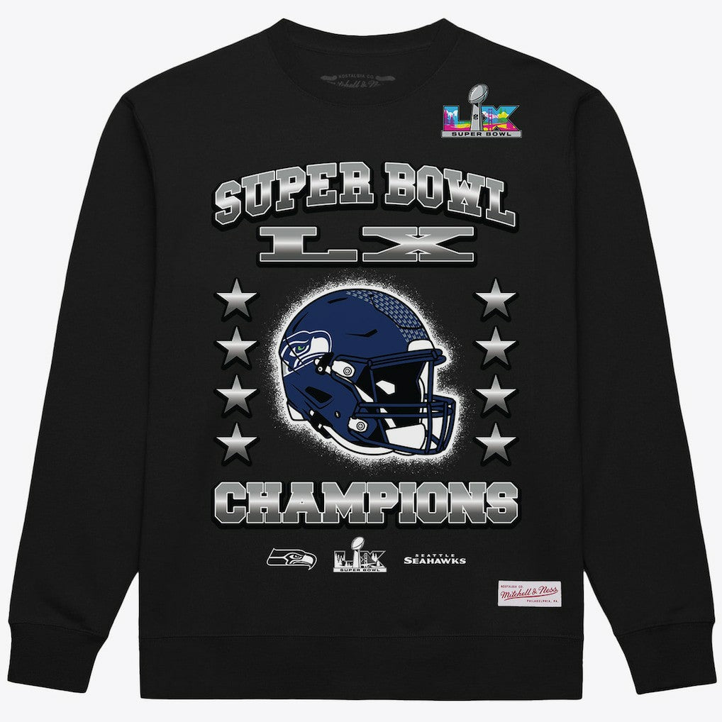 Seattle Seahawks Super Bowl LX Champions Helmet Sweatshirt Black | Mitchell & Ness