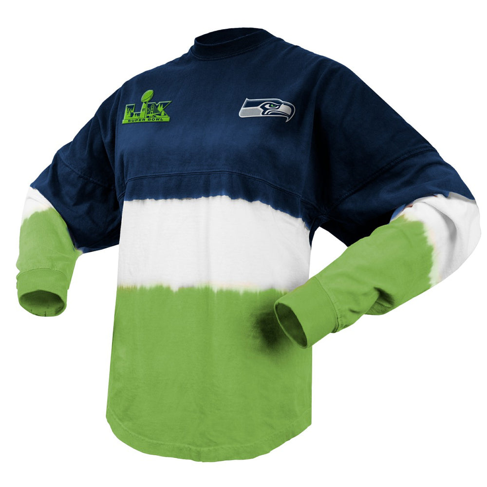 Seattle Seahawks Spirit Jersey Women's Super Bowl LX Champions Horizontal Ombre Long Sleeve T-Shirt College Navy/Neon Green | NFL