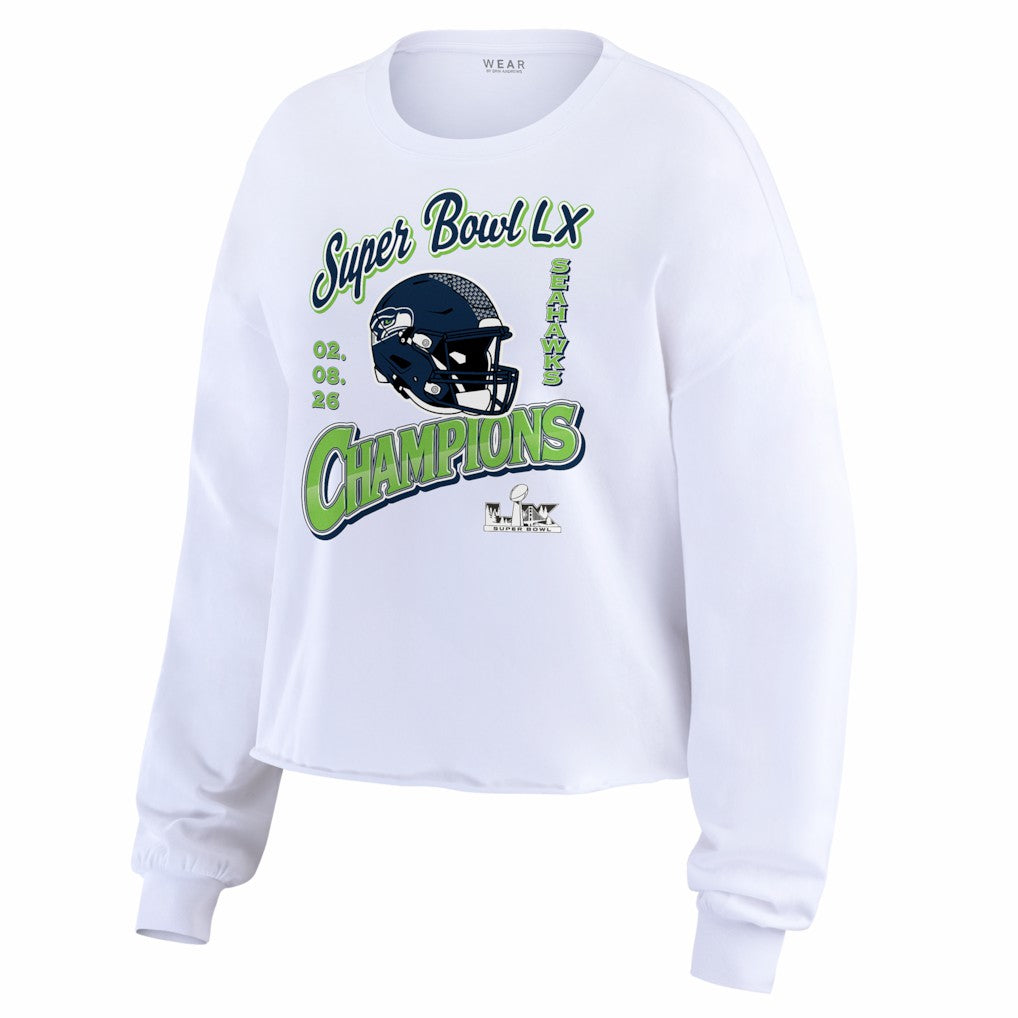 Seattle Seahawks WEAR by Erin Andrews Women's Super Bowl LX Champions Cropped Long Sleeve T-Shirt White | NFL