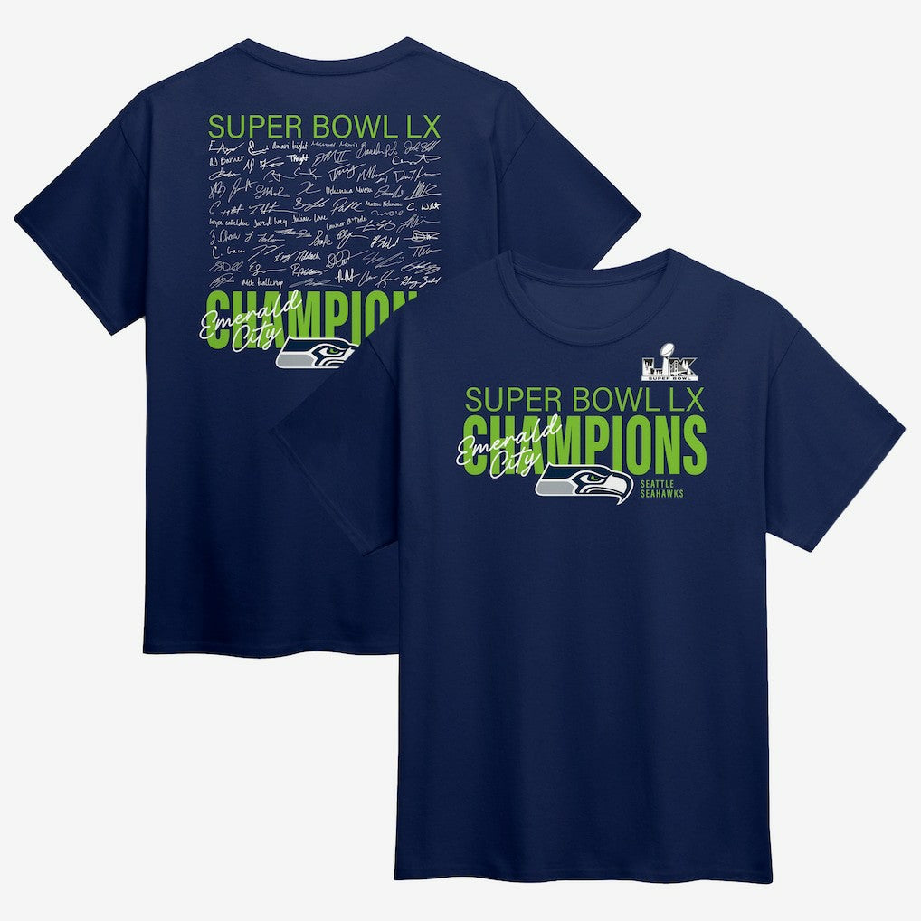Seattle Seahawks Super Bowl LX Champions Big & Tall Autograph Signing Roster T-Shirt College Navy | Fanatics